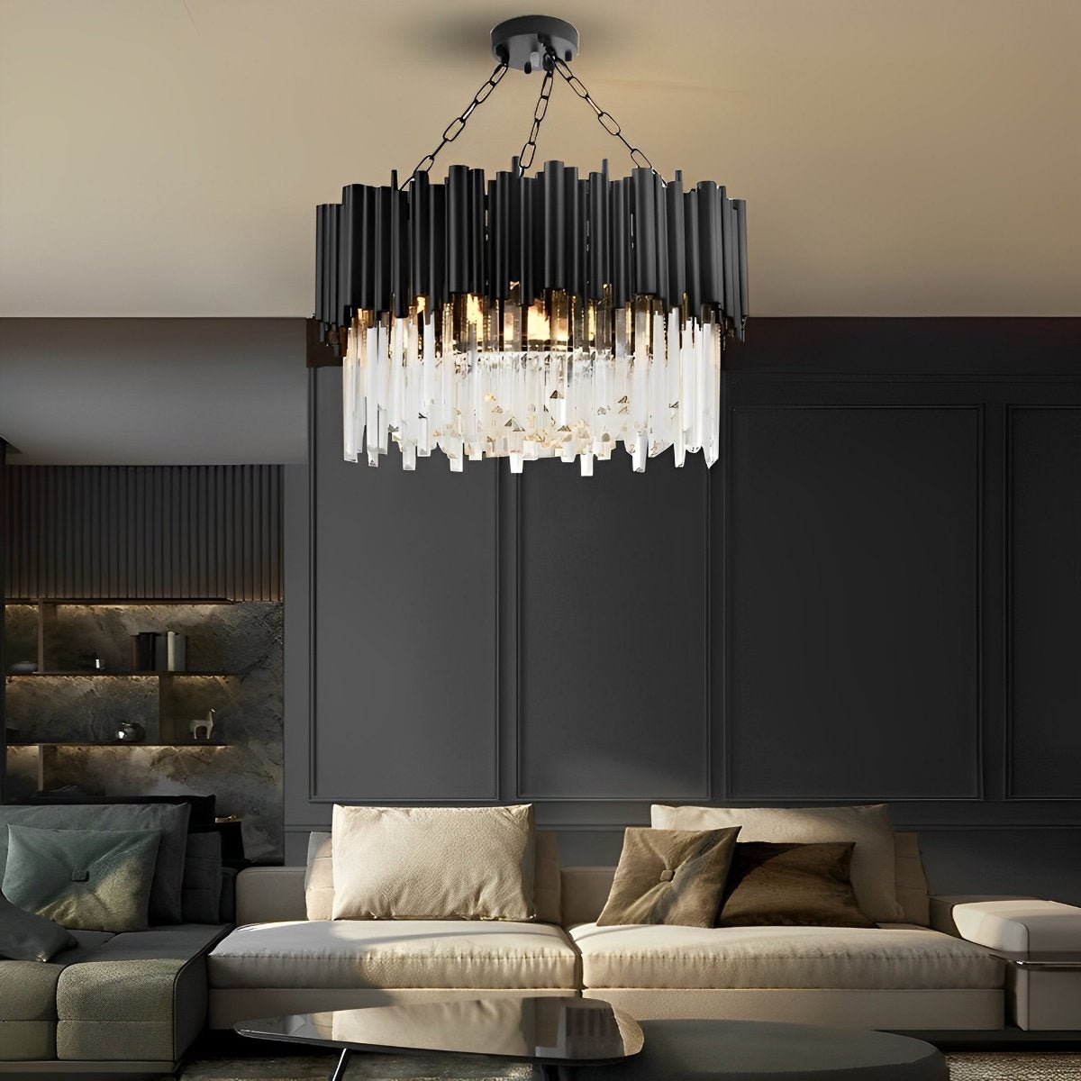 Circular Clear Crystal Metal Black Modern Chandelier Pendant Lamp - Flyachilles