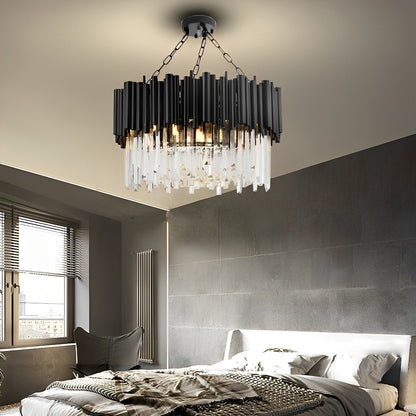 Circular Clear Crystal Metal Black Modern Chandelier Pendant Lamp - Flyachilles