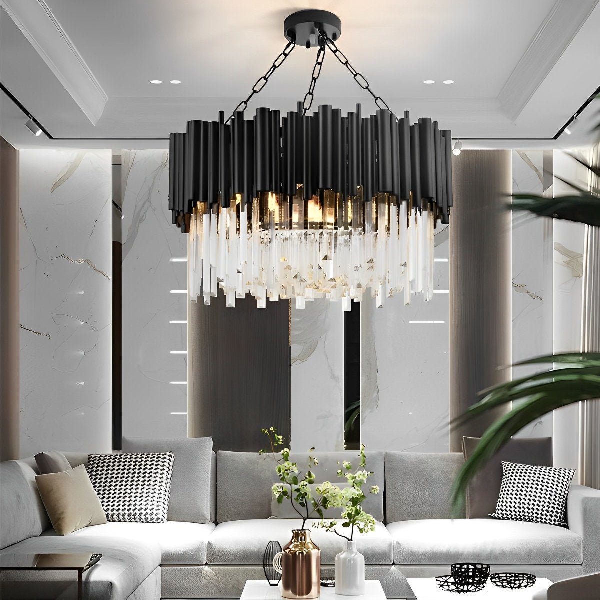 Circular Clear Crystal Metal Black Modern Chandelier Pendant Lamp - Flyachilles