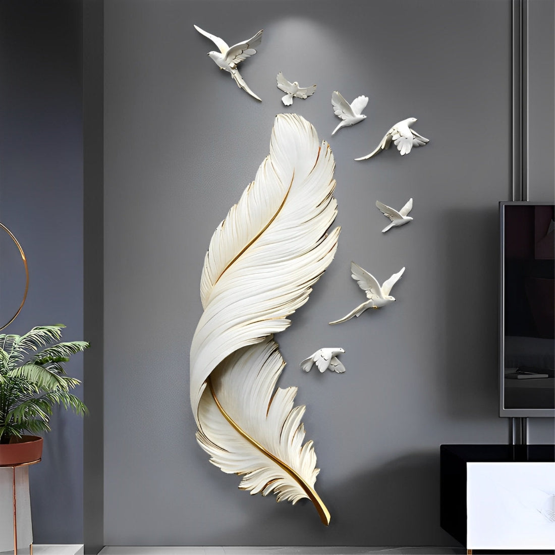 Distressed Metal Sculpture Wall Decor Large Feather Wings with 7 Flying Birds Wall Hanging 3D Art for Living Room Entryway - Flyachilles