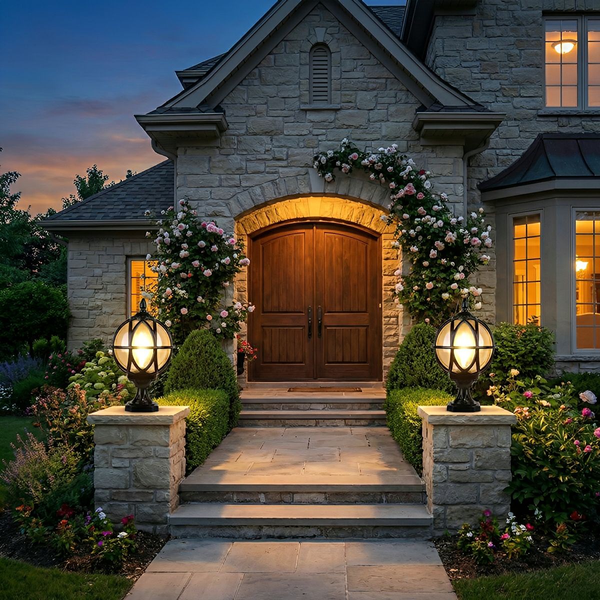 buildasoil light for house plants and flowers outside Farmhouse Retro Round Ball Globe Waterproof Outdoor Fence Post Lights Pillar Lighting Black / 7'' Dia x 13'' H / Single