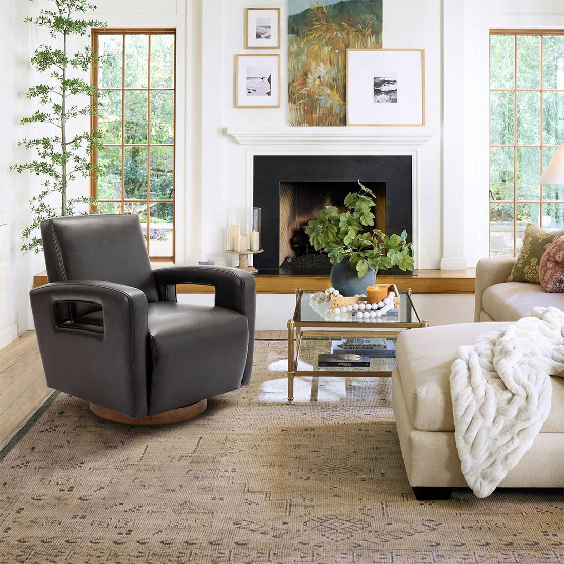 Modern 360 ° Faux Leather Swivel Accent Chair Armchair Single Sofa - Flyachilles