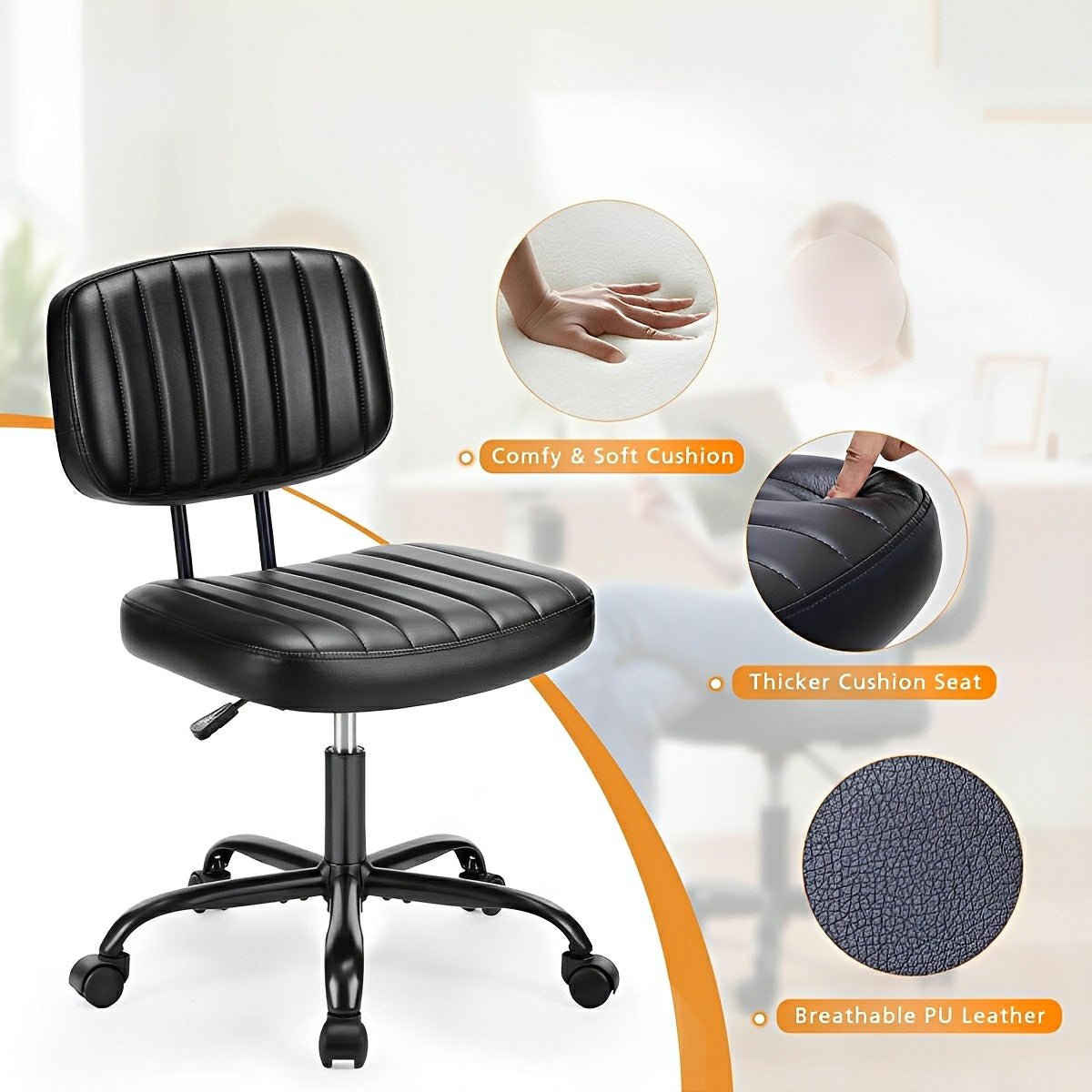 Modern Armless PU Leather Office Chair – Lumbar Support - Flyachilles