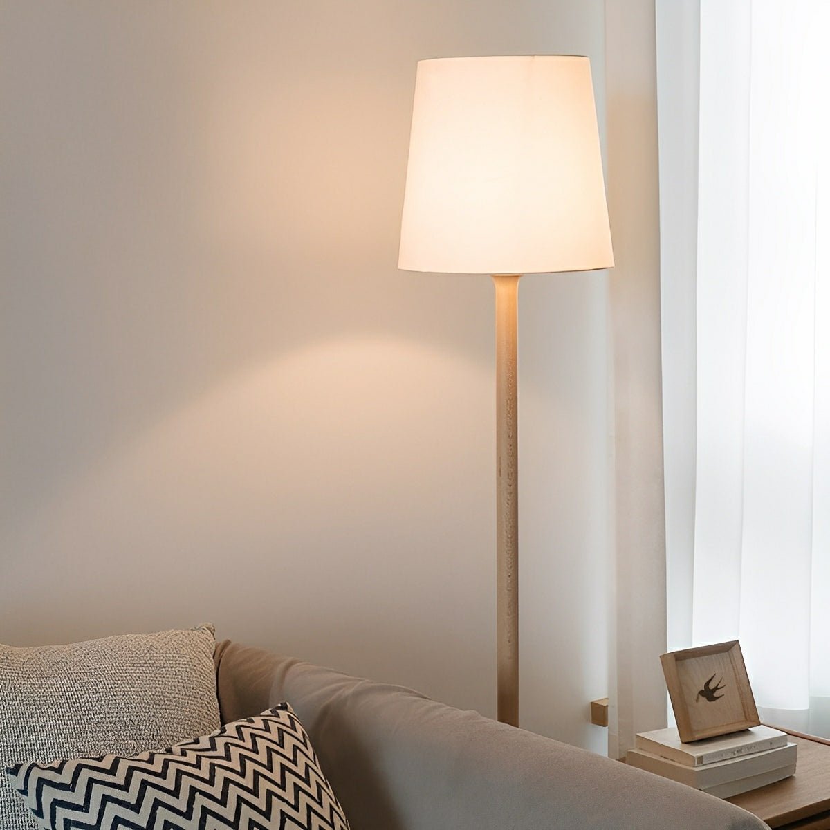 Modern Beech Wood Fabric Drum Shade LED Floor Lamp - Flyachilles