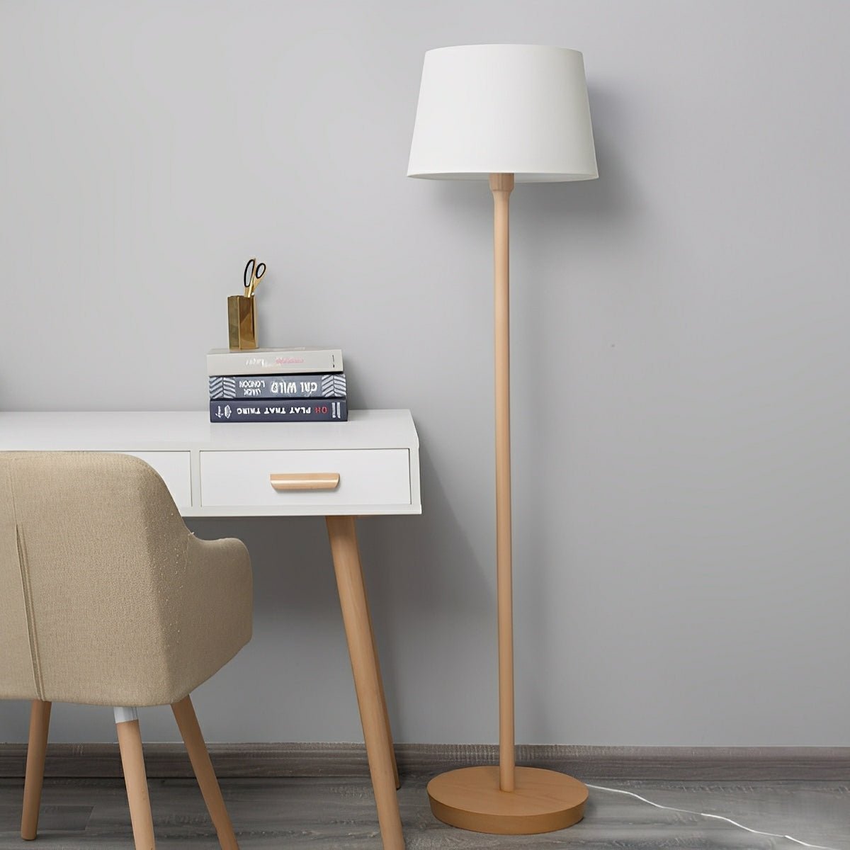 Modern Beech Wood Fabric Drum Shade LED Floor Lamp - Flyachilles