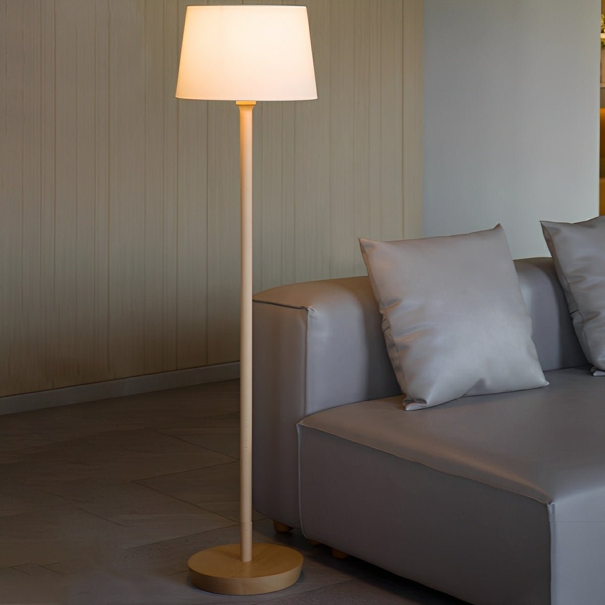 Modern Beech Wood Fabric Drum Shade LED Floor Lamp - Flyachilles