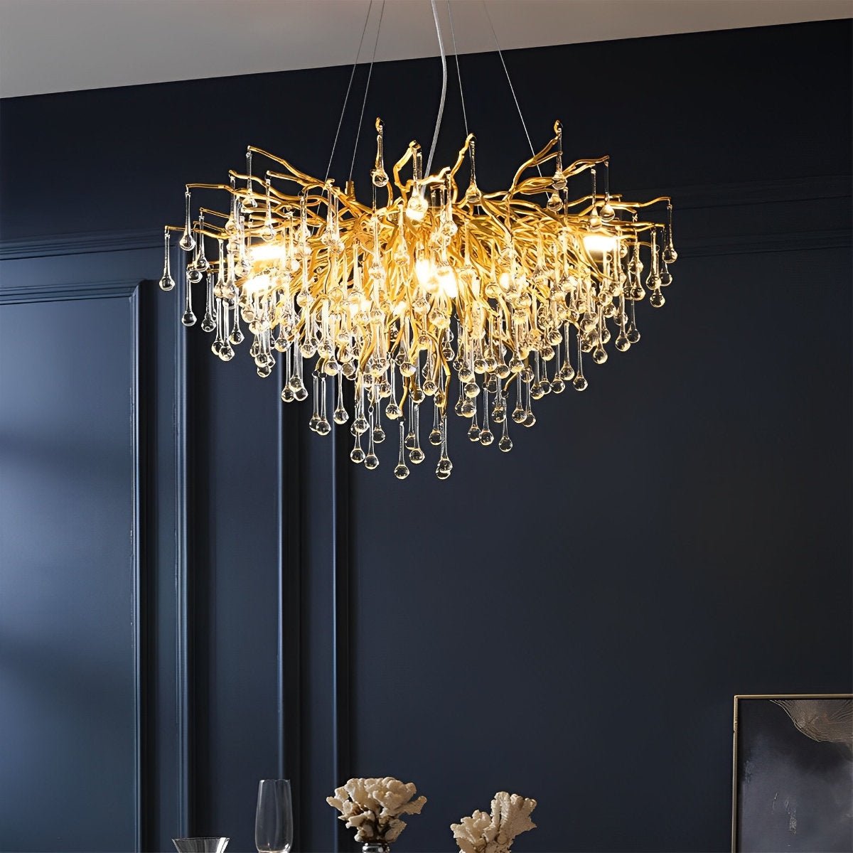 Modern Luxury Gold Tree Branches Water Drop Waterfall Crystal Chandelier Hanging Lamp Ceiling Light 15.75 D 15.75 H