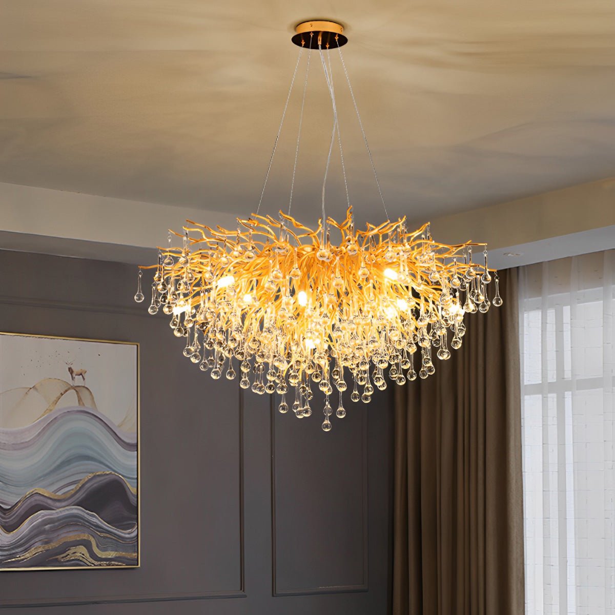 Modern Luxury Gold Tree Branch Teardrop Waterfall Chandelier Lights - Flyachilles