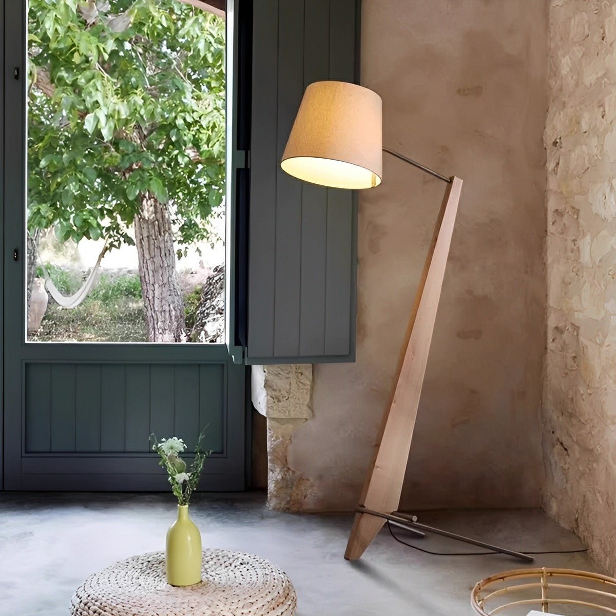 Modern Tilt Wood Fabric Drum Shade Floor Lamp - Flyachilles