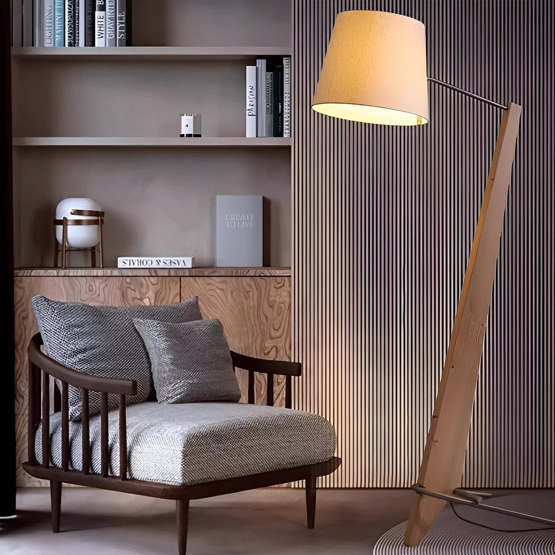 Modern Tilt Wood Fabric Drum Shade Floor Lamp - Flyachilles