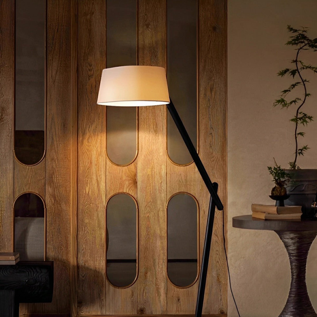 Modern Wood Finish Adjustable Fabric Drum Shade Floor Lamp - Flyachilles