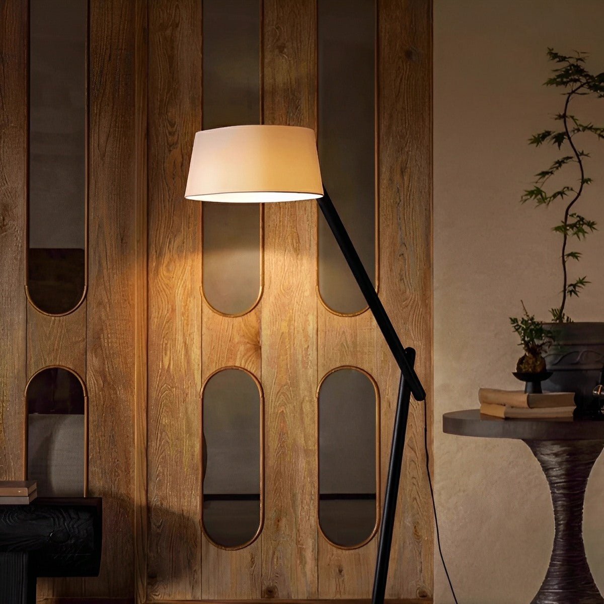 Modern Wood Finish Adjustable Fabric Drum Shade Floor Lamp - Flyachilles