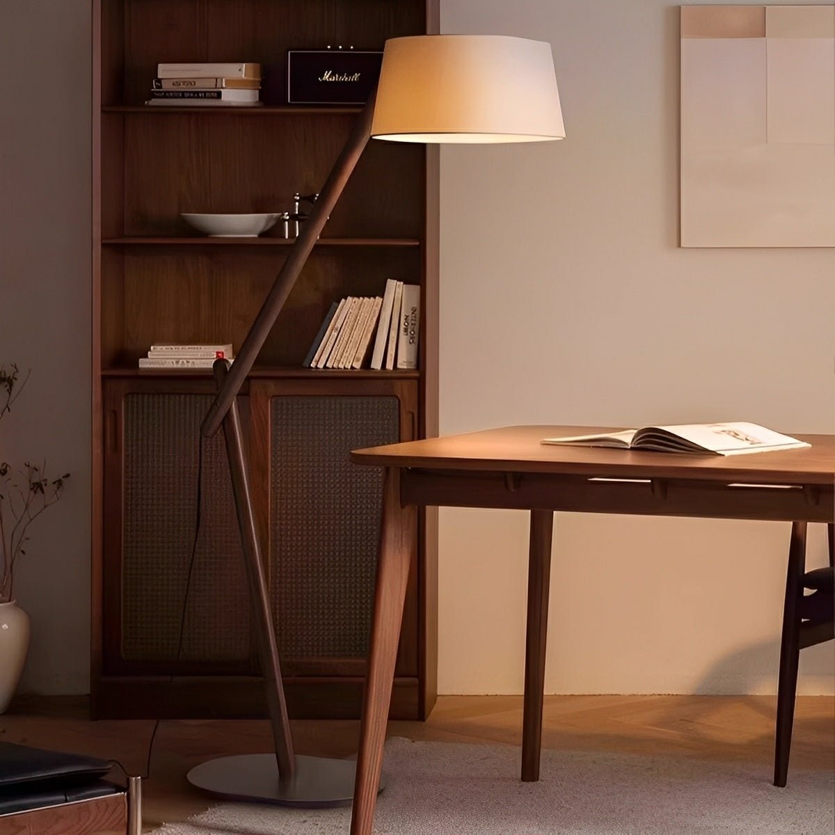 Modern Wood Finish Adjustable Fabric Drum Shade Floor Lamp - Flyachilles