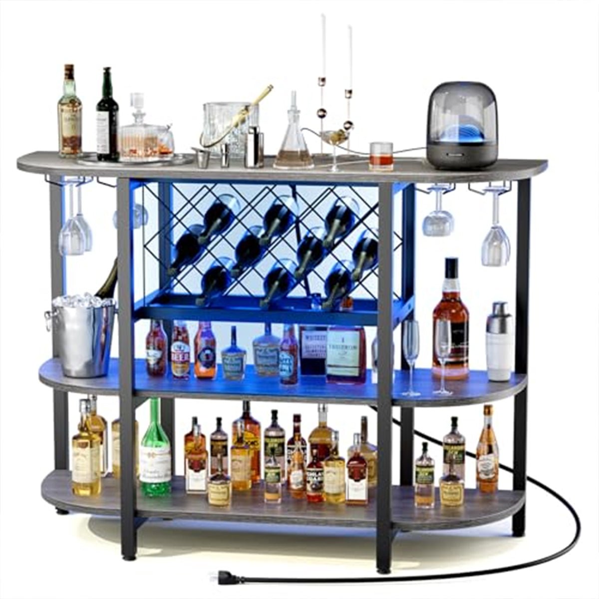 Multi - Tier Home Bar Cabinet Wine Storage with LED Lights - Flyachilles