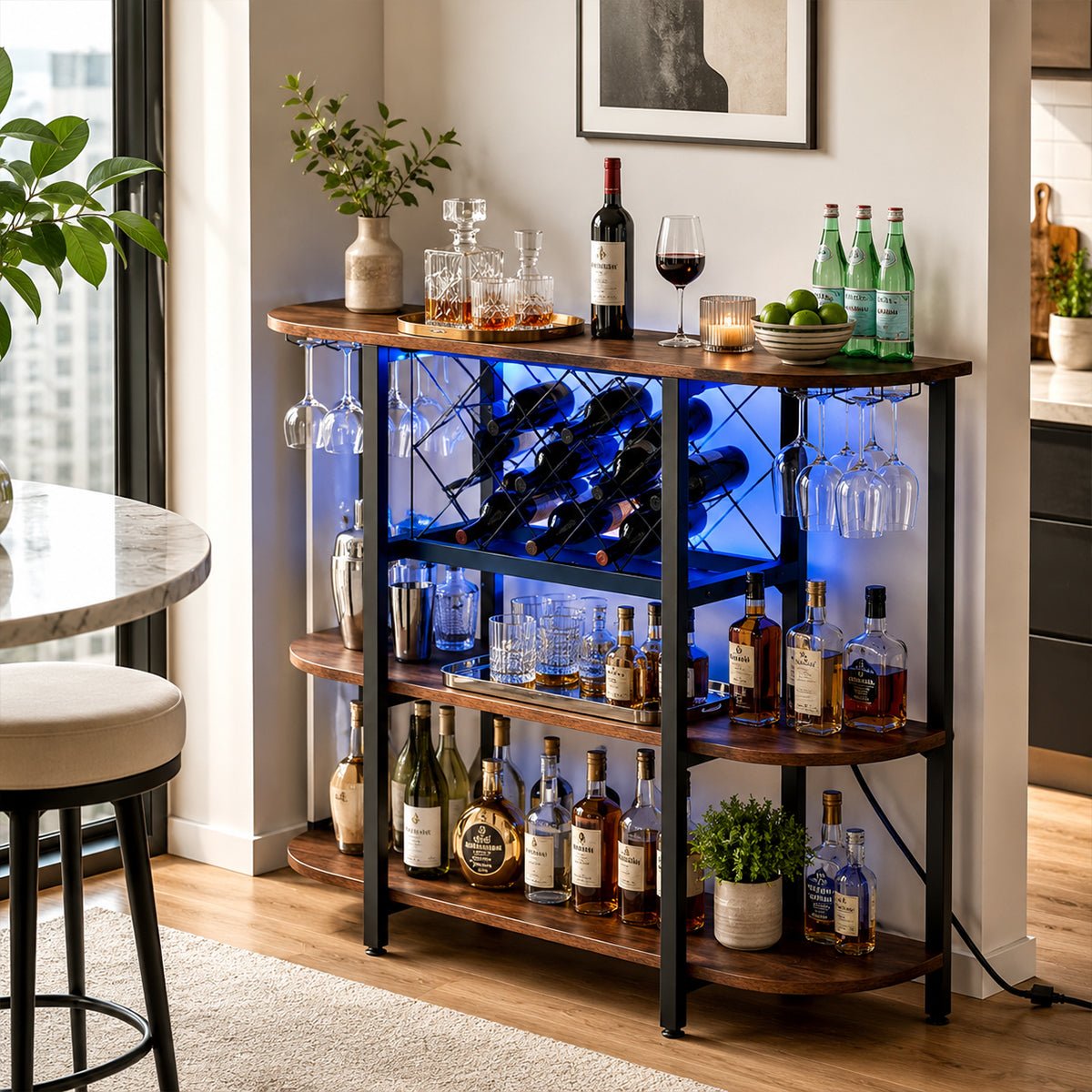 Multi - Tier Home Bar Cabinet Wine Storage with LED Lights - Flyachilles
