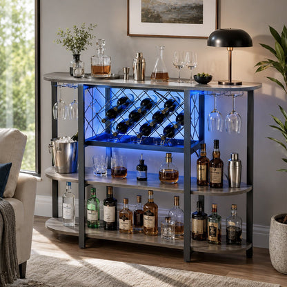 Multi - Tier Home Bar Cabinet Wine Storage with LED Lights - Flyachilles