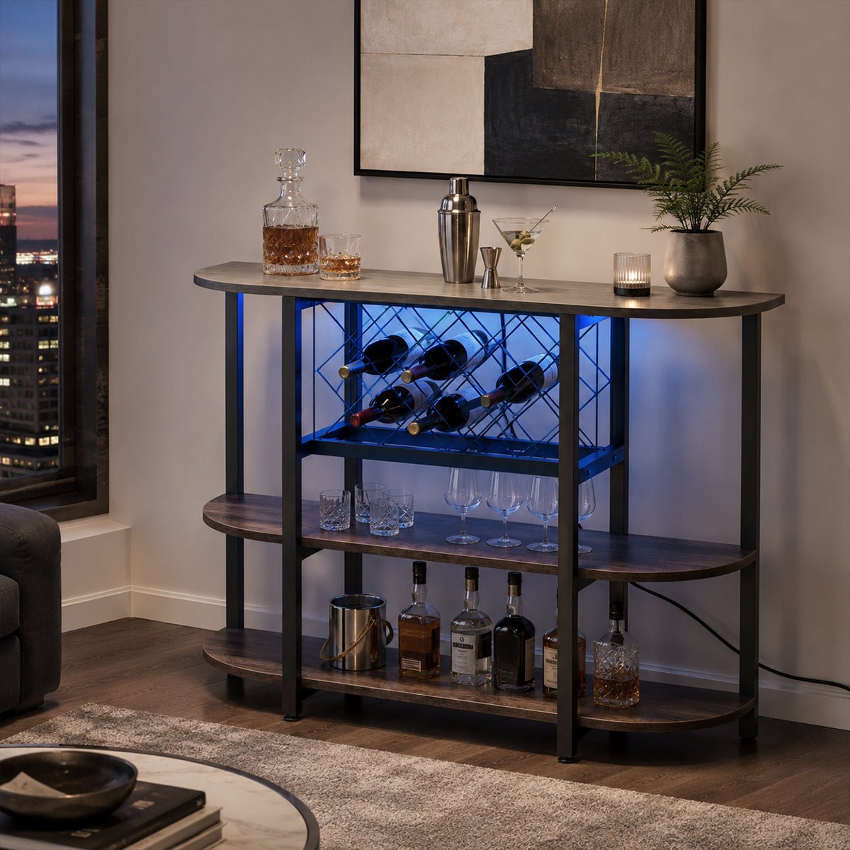 Multi - Tier Home Bar Cabinet Wine Storage with LED Lights - Flyachilles
