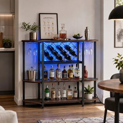 Multi - Tier Home Bar Cabinet Wine Storage with LED Lights - Flyachilles