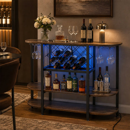 Multi - Tier Home Bar Cabinet Wine Storage with LED Lights - Flyachilles