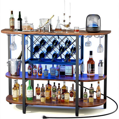 Multi - Tier Home Bar Cabinet Wine Storage with LED Lights - Flyachilles