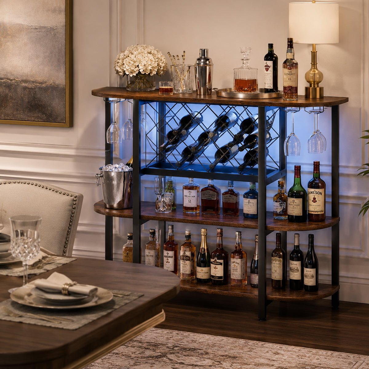 Multi - Tier Home Bar Cabinet Wine Storage with LED Lights - Flyachilles