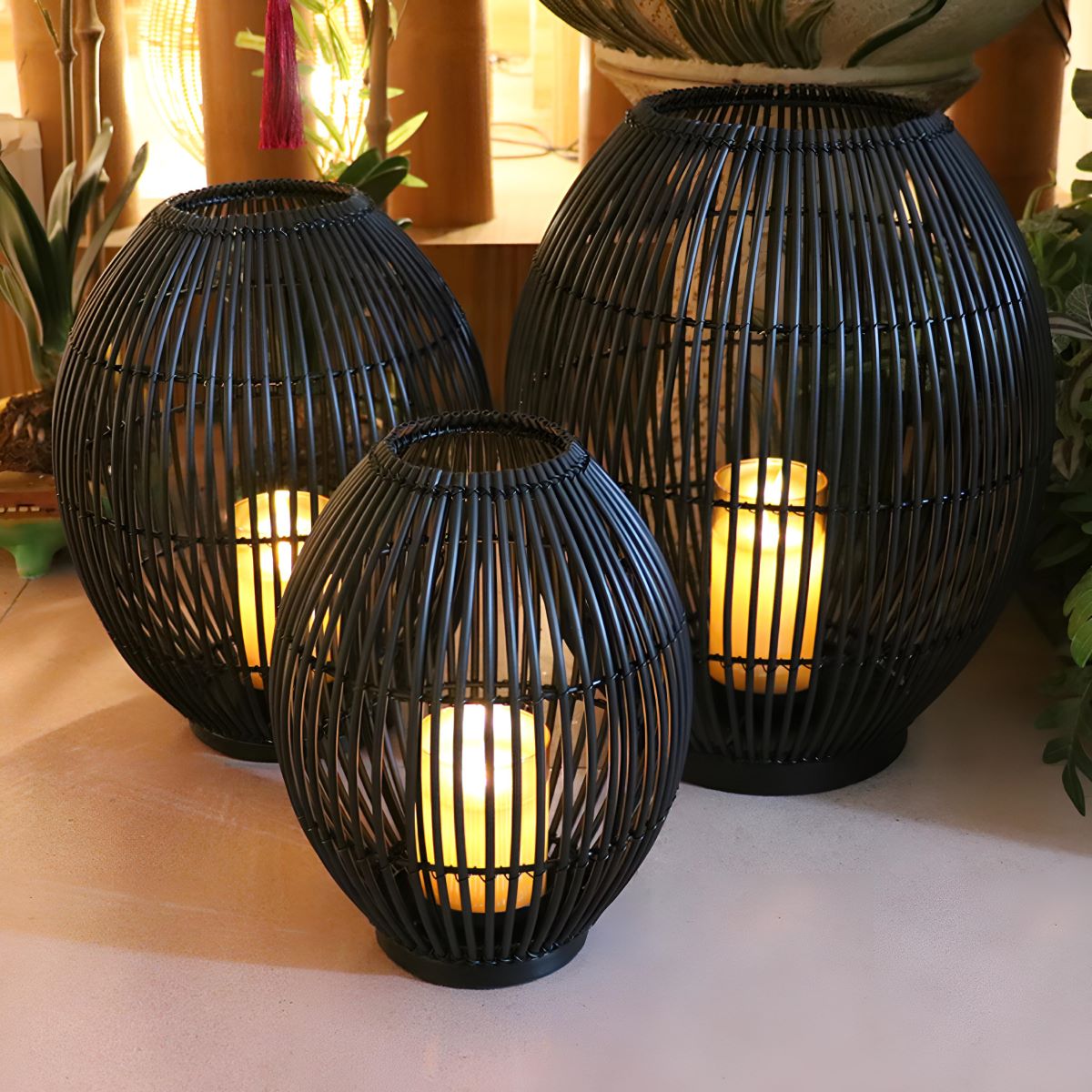 Outdoor Black Handwoven LED Candle Lantern Floor Lamp - Flyachilles