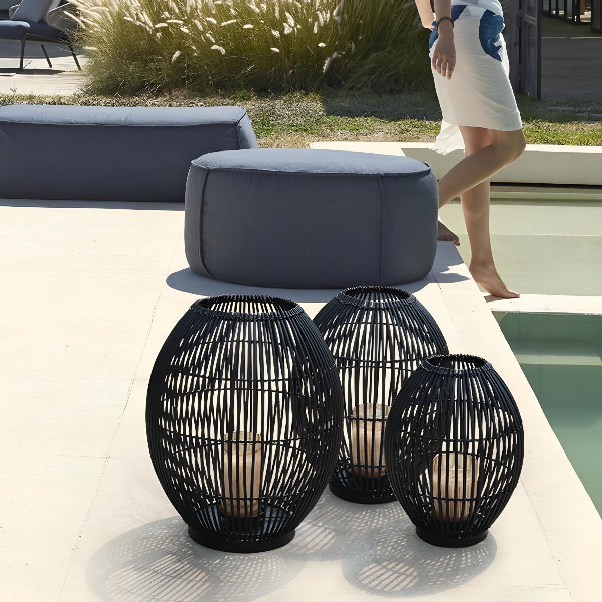 Outdoor Black Handwoven LED Candle Lantern Floor Lamp - Flyachilles