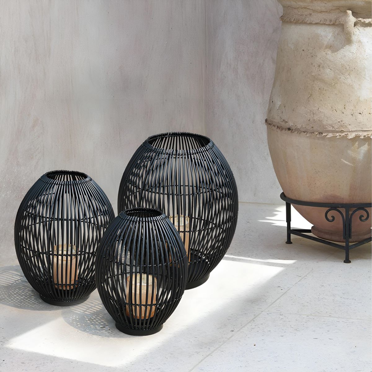 Outdoor Black Handwoven LED Candle Lantern Floor Lamp - Flyachilles