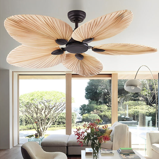 Palm Leaf Wrought Iron Silent Flush Mount Ceiling Fan for Living Room ...