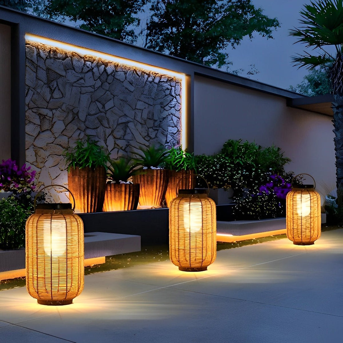 Portable Lantern Rattan LED Waterproof Solar Outdoor Lights Floor Lamp - Flyachilles