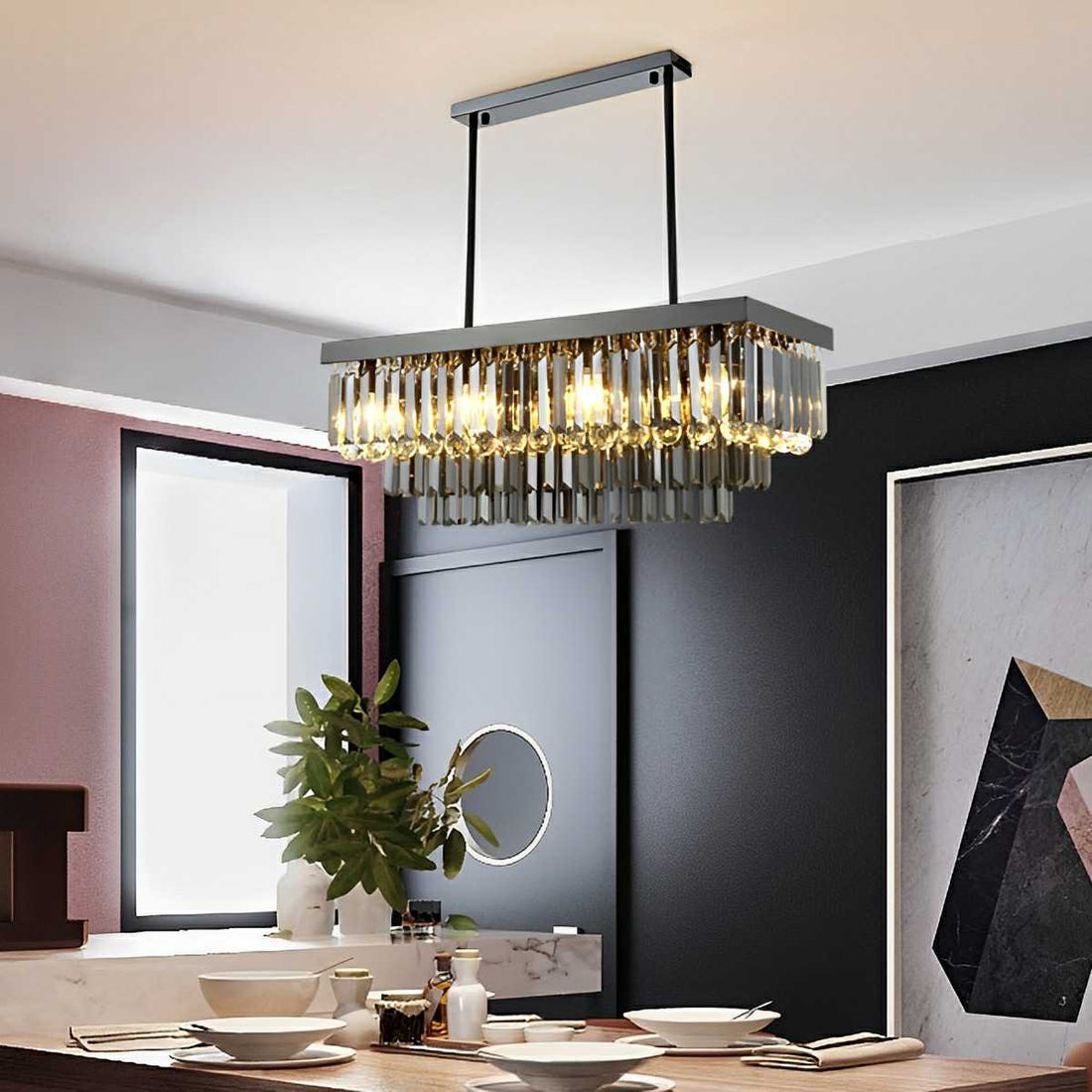 Rectangular Crystal LED 3 Color Modes Smoke Gray Modern Chandelier - Flyachilles