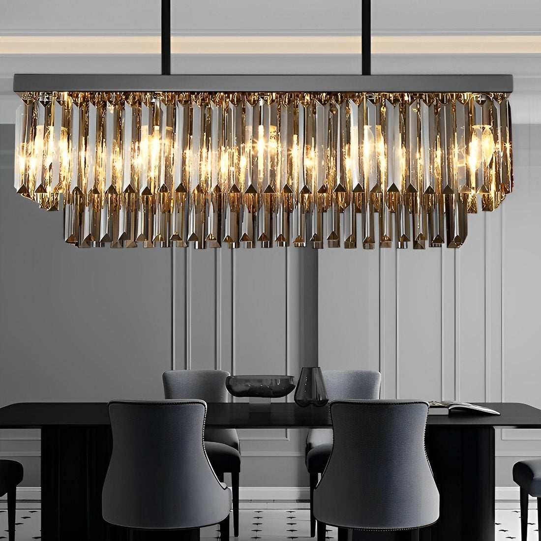 Rectangular Crystal LED 3 - Step Dimming Smoke Gray Modern Chandelier - Flyachilles