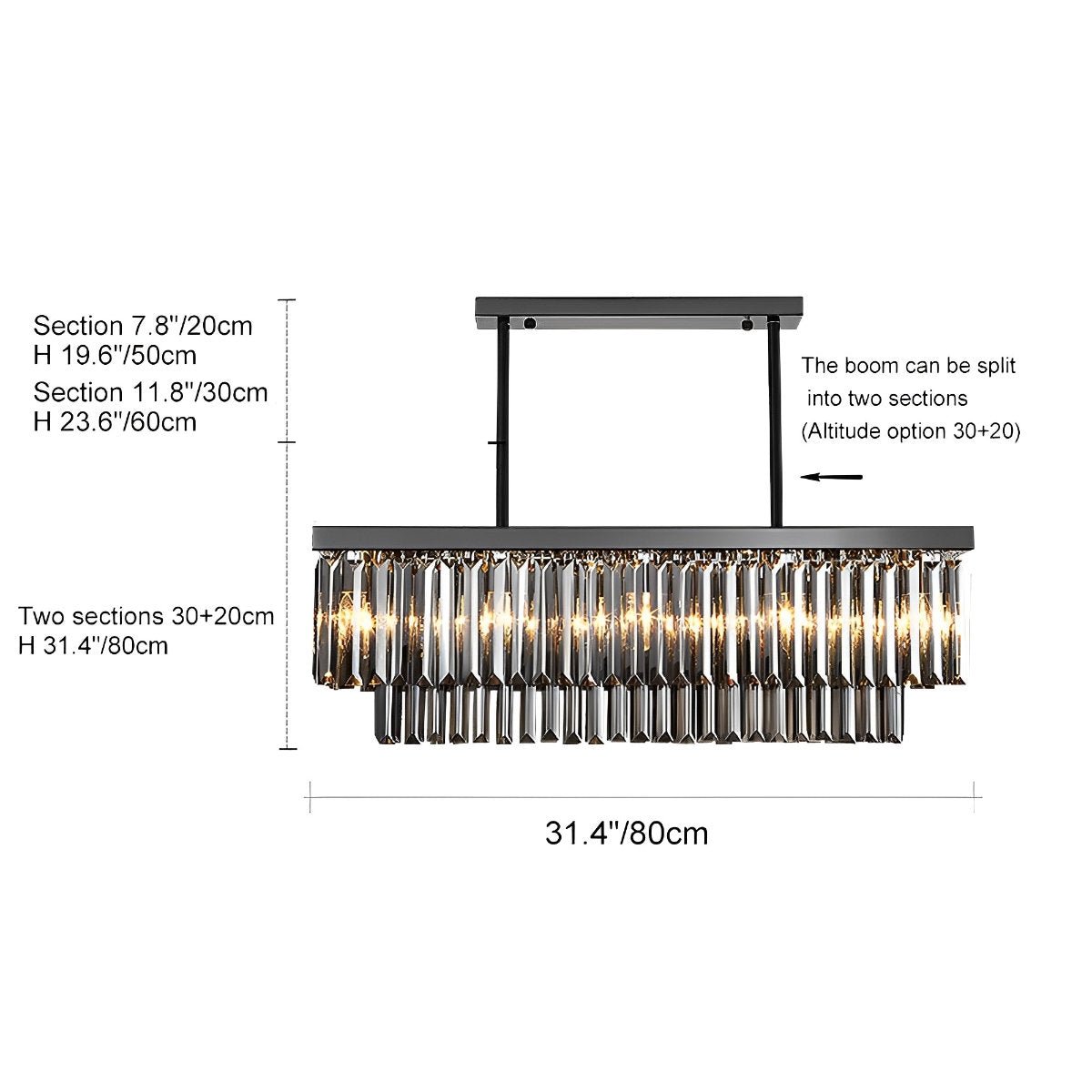 Rectangular Crystal LED 3 - Step Dimming Smoke Gray Modern Chandelier - Flyachilles