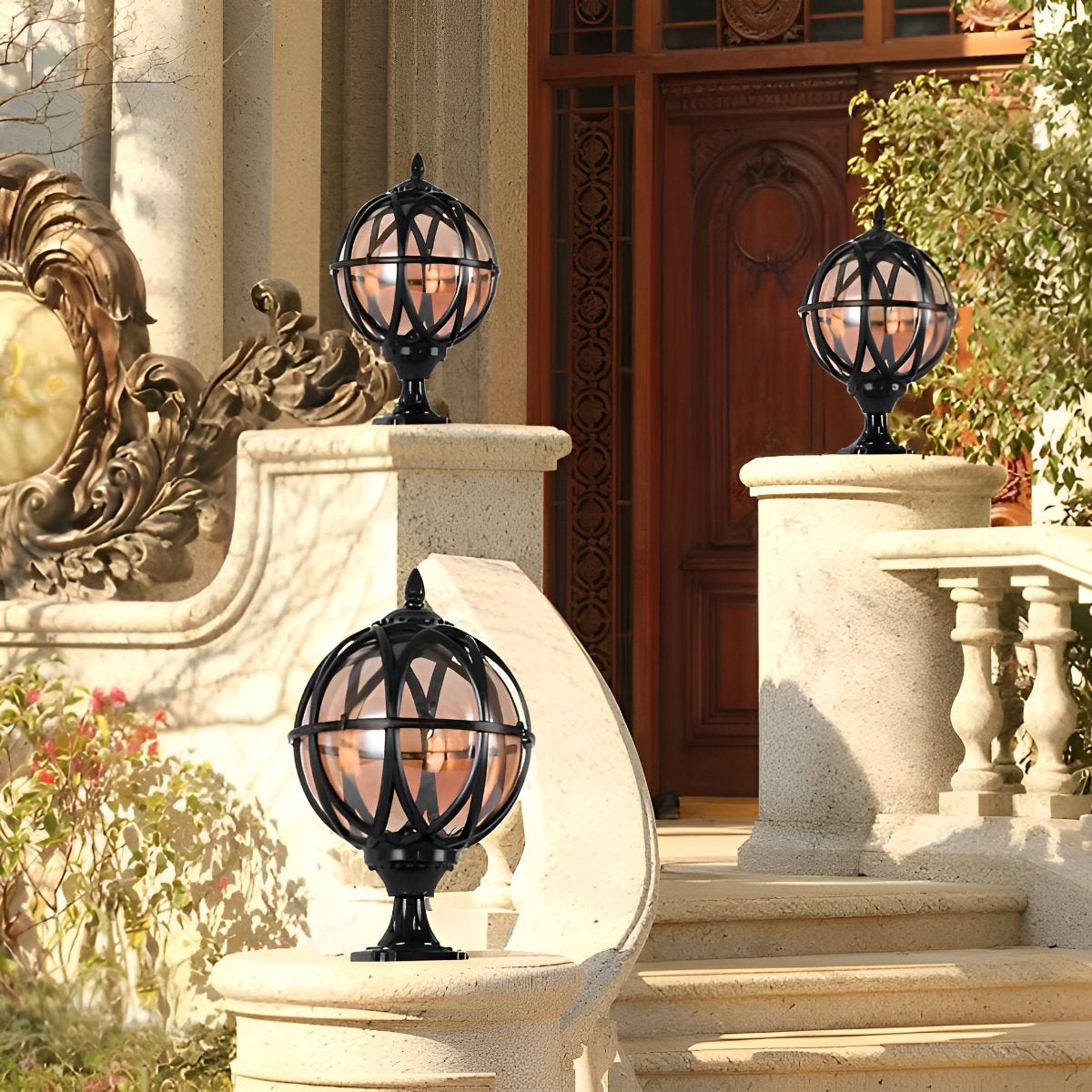 Round Ball Waterproof Solar Powered Outdoor Fence Post Lights Column Lamp Globe Lantern Pillar Lighting - Flyachilles