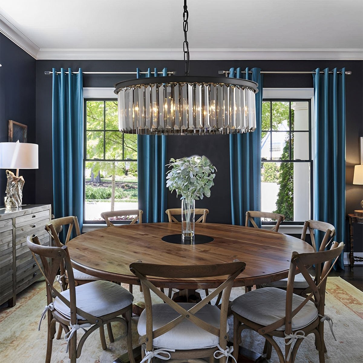 Round Metal Crystal Strip Retro Farmhouse Chandelier - Flyachilles