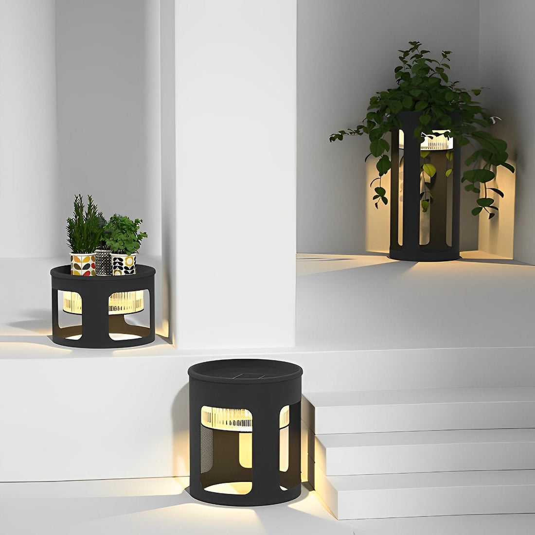 Round Outdoor Floor Lamp Waterproof LED Black Modern Solar Powered Light Garden Landscape Light - Flyachilles