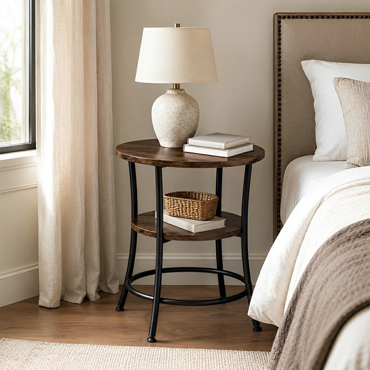 Round Side Table with Storage Shelf 2 - Tier Nightstand - Flyachilles