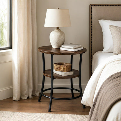 Round Side Table with Storage Shelf 2 - Tier Nightstand - Flyachilles