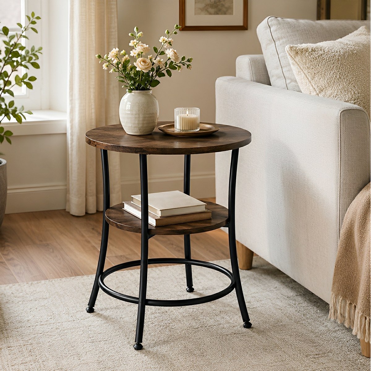 Round Side Table with Storage Shelf 2 - Tier Nightstand - Flyachilles