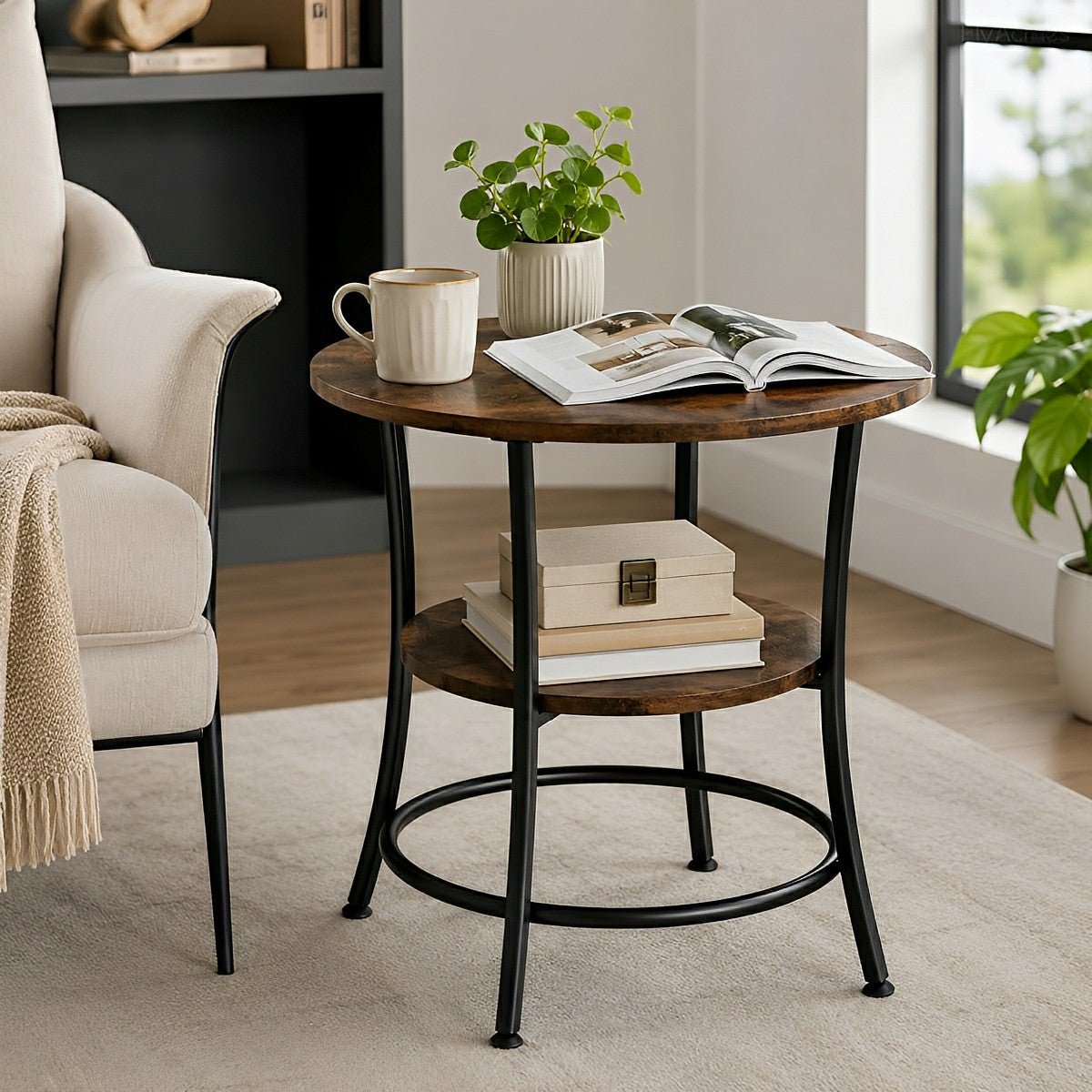 Round Side Table with Storage Shelf 2 - Tier Nightstand - Flyachilles