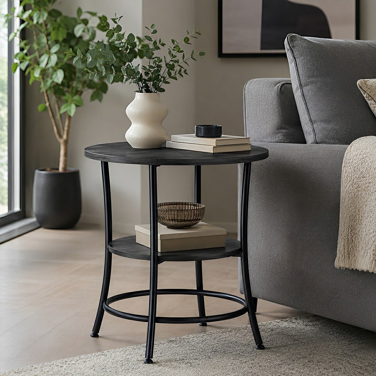 Round Side Table with Storage Shelf 2 - Tier Nightstand - Flyachilles