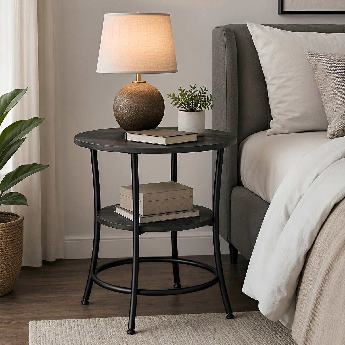 Round Side Table with Storage Shelf 2 - Tier Nightstand - Flyachilles