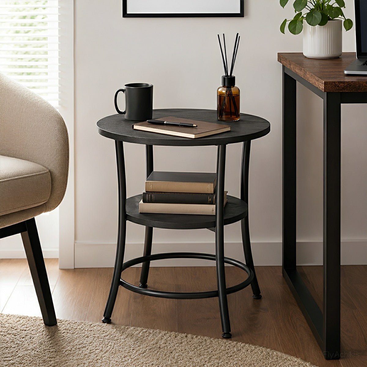 Round Side Table with Storage Shelf 2 - Tier Nightstand - Flyachilles