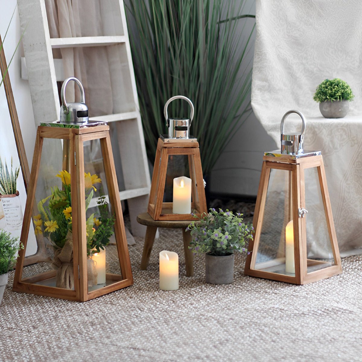 Set of 3 Rustic Wood Handmade LED Candle Holder Lantern - Flyachilles