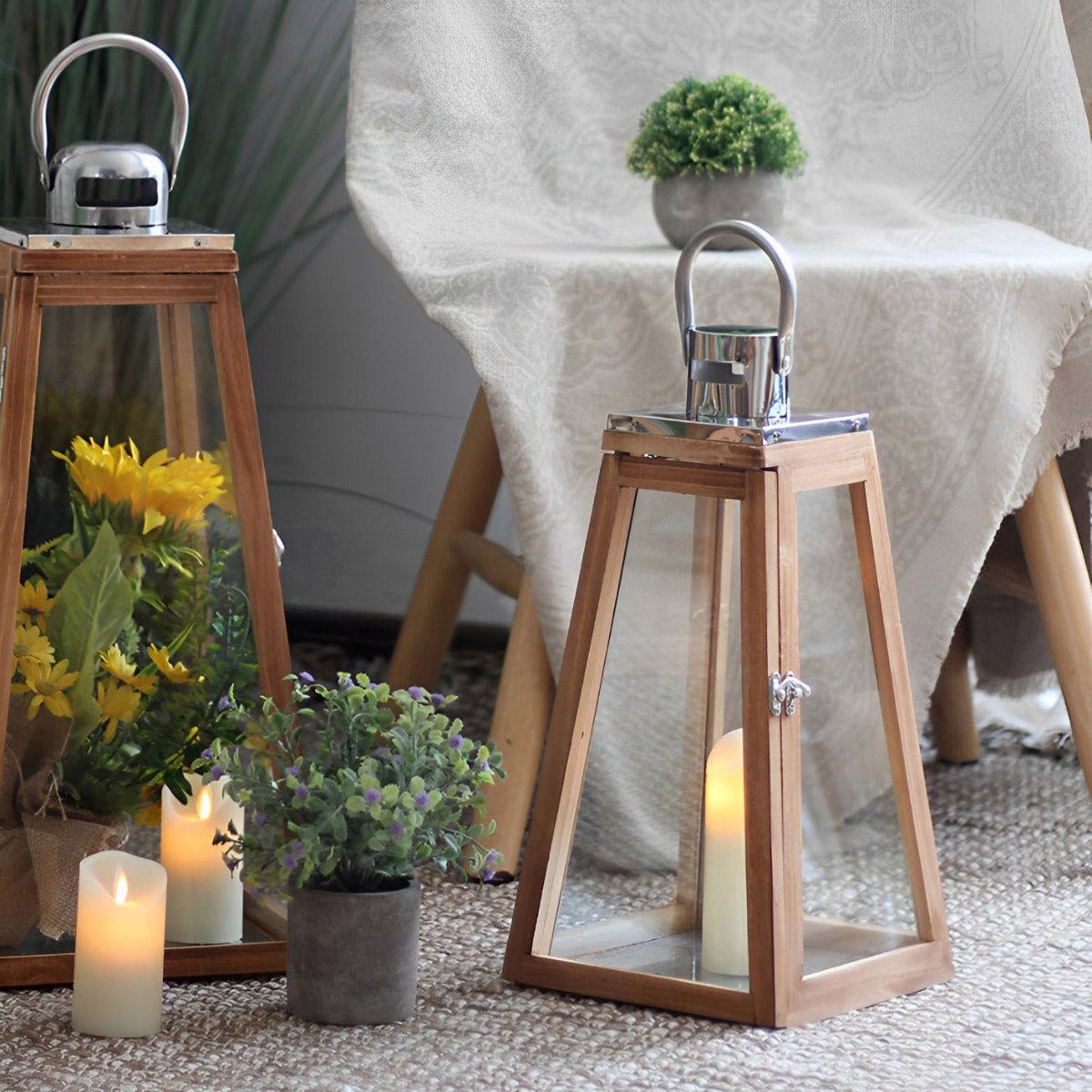 Set of 3 Rustic Wood Handmade LED Candle Holder Lantern - Flyachilles