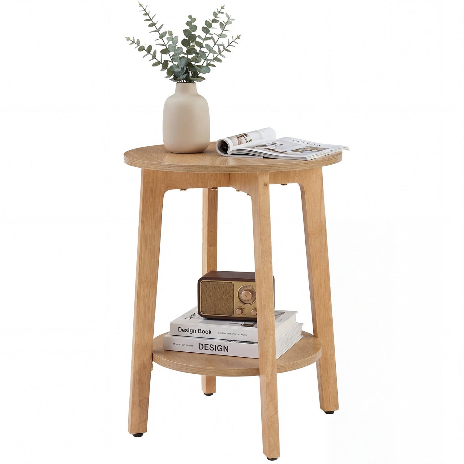 Small Round Wooden Side Table – Double Layer Shelves - Flyachilles