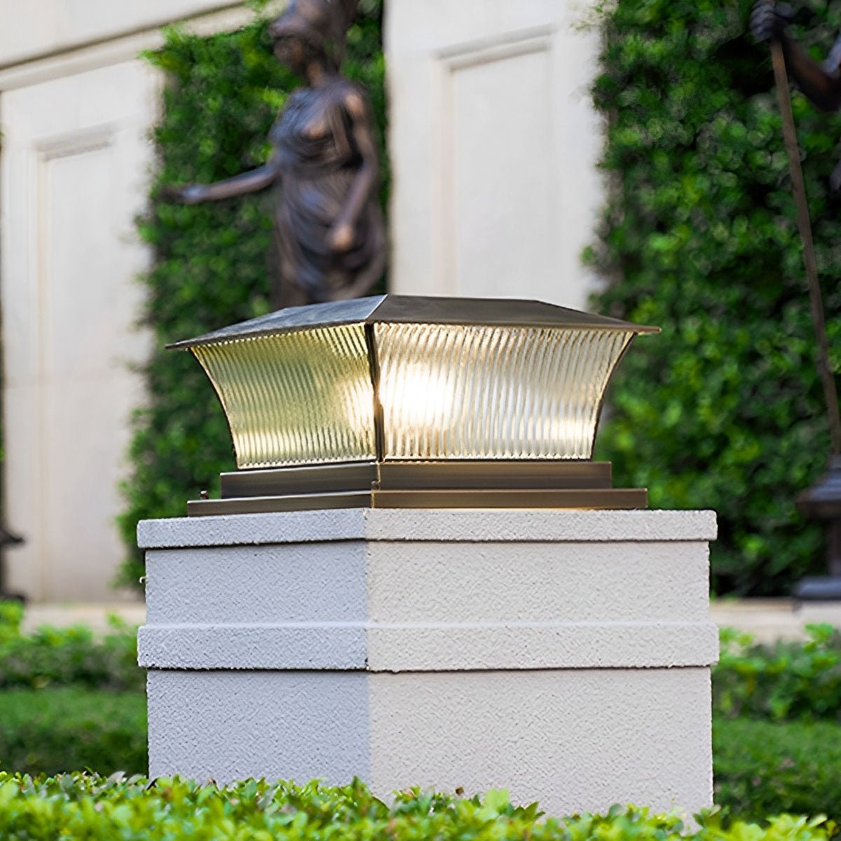 Solar Waterproof Copper Square Tower Striped Glass LED Outdoor Post Lights - Flyachilles
