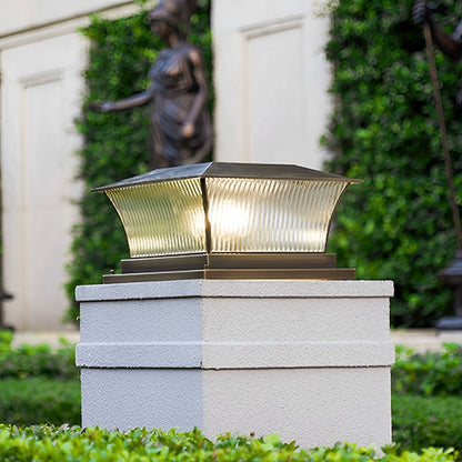 Solar Waterproof Copper Square Tower Striped Glass LED Outdoor Post Lights - Flyachilles