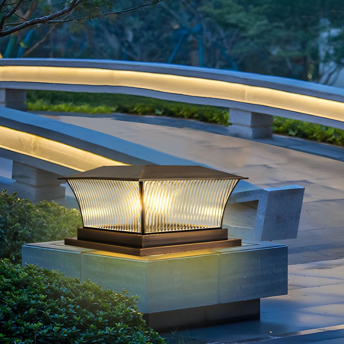 Solar Waterproof Copper Square Tower Striped Glass LED Outdoor Post Lights - Flyachilles