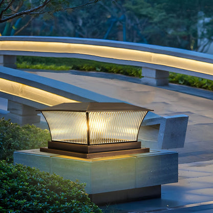 Solar Waterproof Copper Square Tower Striped Glass LED Outdoor Post Lights - Flyachilles